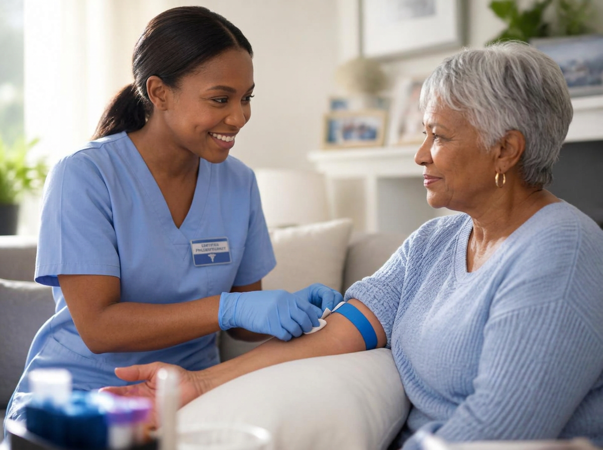 Certified phlebotomist performing a gentle blood draw for a patient at home